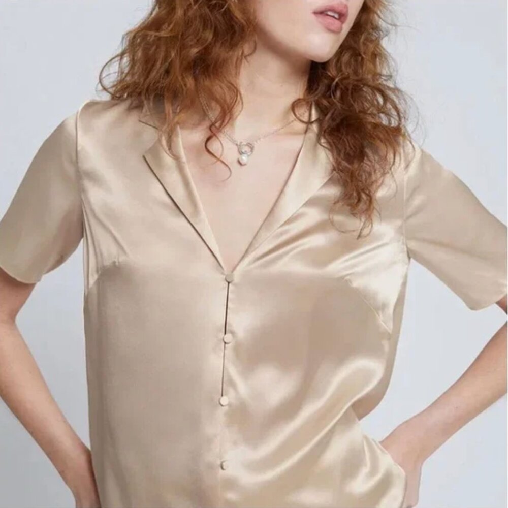 & Other Stories Silk Button-Up Short Sleeve Blouse